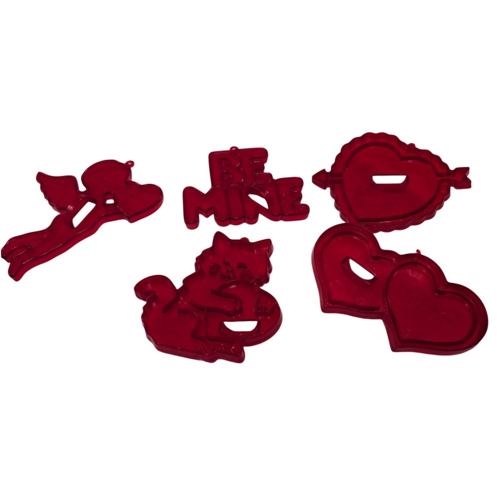 Vintage Amscan Valentines Day Cookie Cutters Red Plastic Hearts Cupid Cat Set 5
